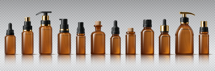 Realistic amber glass bottles, mockup containers of empty cosmetic bottles, vector set. Realistic brown amber glass bottles and vials with pump lid or dropper caps of cosmetic cream, serum or lotion