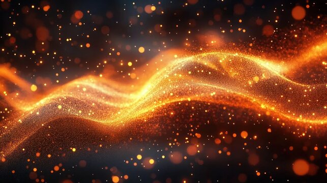 abstract glowing orange and yellow particles forming wave-like shapes against a dark background, creating a dynamic and radiant visual effect - Powered by Adobe