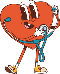 Cartoon groovy human heart body organ medicine character using a stethoscope to check its own heartbeat. Vector happy and healthy anatomical cardiovascular system personage with cute smiling face