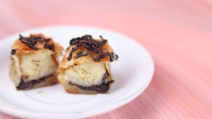 Jakarta's signature baked Bolen cake photographed at various angles of 45 degrees, front view and flat lay. isolate object