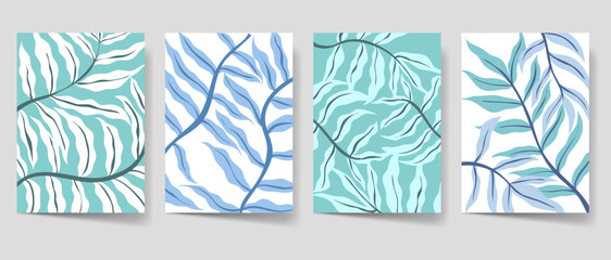 Summer floral poster set. Leaves cover collection for print and decoration. Modern illustration template bundle