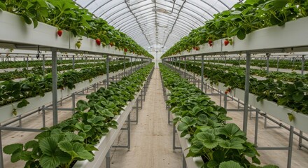Modern Hydroponic Strawberry Farm Greenhouse with Rows of Ripening Red Strawberries and Green Foliage