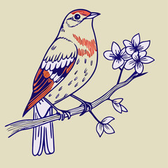 Artistic Bird on Branch with Flowers: Spring Illustration