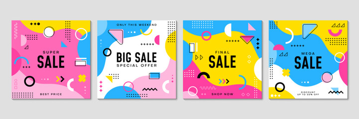 Obraz premium Sale banners with Memphis pattern of abstract geometric shapes, vector promo posters. Sale banners for discount promotion and promo special offer with Memphis geometric shapes and color splash design