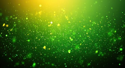 Abstract natural scene with glowing green and yellow particles floating in a dark environment, evoking a sense of calm and mystery