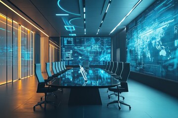 High tech office conference room with futuristic digital displays designed for modern collaboration, High Tech Office Conference Room with Futuristic Digital Displays