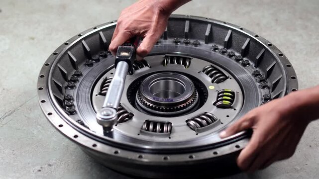 Close-up of a mechanic hand using torque wrench ratchet tighten the torque converter bolts when assembling the transmission at workshop.
