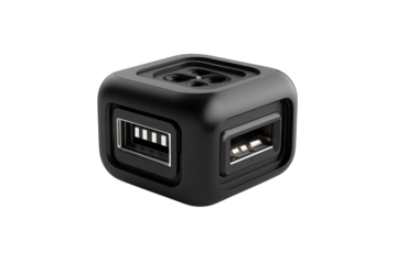 A compact black USB hub offers versatile charging for modern devices promising seamless on transparent background