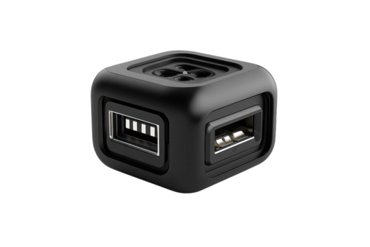 A compact black USB hub offers versatile charging for modern devices promising seamless on transparent background
