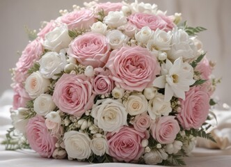 Obraz premium Luxurious pink and white wedding bouquet cradled gently, flowers, petals