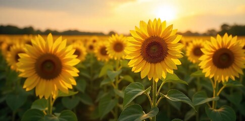 Obraz premium Golden hour sunlight bathes a lush field of vibrant sunflowers, heavy with ripening seeds A quintessential summer harvest scene, ready for picking , harvest, produce