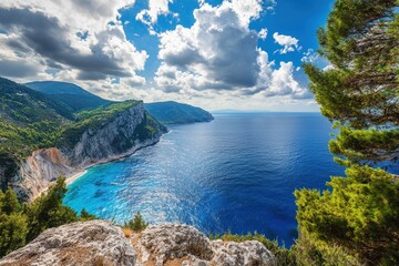 Obraz premium Experience breathtaking views of Mediterranean sea and rocky cliffs on a Greek island coast, Beauty of greek island nature Mediterranean sea coast of Kefalonia