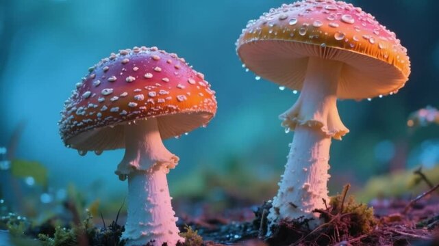 Amanita poisonous mushroom time lapse growth in nature, two toxic fungi emerging from forest ground, dangerous wild spore species background video  Download.