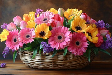 Obraz premium Vibrant basket of assorted fresh flowers including pink gerbera daisies, yellow anemones, purple lilacs, and pink tulips arranged on a wooden surface with warm background