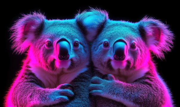 Two koalas closely hugging each other illuminated by vibrant pink and blue neon lighting on a black background, evoking warmth and companionship