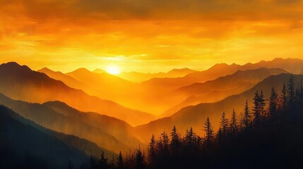 Golden sunrise casting warm light over layered mountain ranges with silhouettes of pine trees creating a peaceful and majestic natural landscape