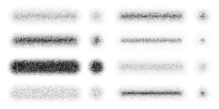 Stipple noise grain brushes or spray stroke texture with sand dust or powder effect, vector set. Noise grain scatter brush templates for drawing, stipple dots or dotwork with particle spray gradient
