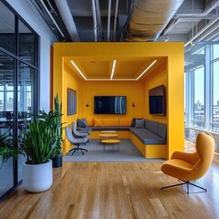 Corporate office spaces with open layouts, branded walls, ergonomic desks, team zones, meeting pods, digital displays, minimalist design, collaborative work environments.