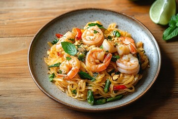 Plate of shrimp pad thai with noodles, green beans, red chili, peanuts, and fresh basil on a wooden table with lime wedge and mint leaves