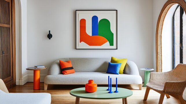 Light grey sofa with colorful abstract art, orange and teal accents in a bright living room