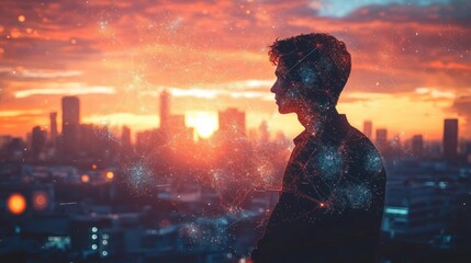 Silhouette of a person with digital network connections overlayed against a vibrant cityscape sunset evoking contemplation and futuristic connectivity