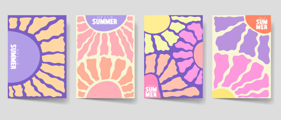 Groovy flowers poster set. Summer flowers cover collection for print and decoration. Retro colorful flower illustration template bundle