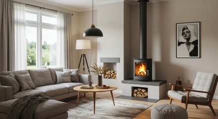 3D Illustration Cozy Living Room With Fireplace