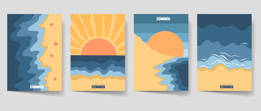 Retro sunset paradise beach poster set. Vintage summer sunshine beach cover collection for print and decoration. Coastline sand and ocean water template bundle