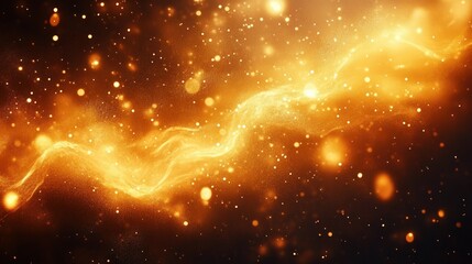 Golden glowing particles and light waves floating in a dark space creating a sparkling, magical atmosphere