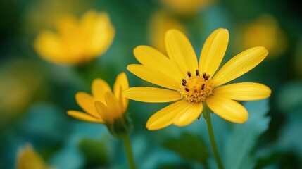 Close-up of bright yellow daisy-like flowers with soft green blurred background, showcasing vibrant petals and natural beauty
