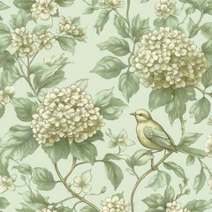 Delicate illustration of soft green and white flowering hydrangea blooms with a small bird perched on a branch amidst lush leaves on a pale green background