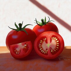 Two ripe whole tomatoes with green stems and one halved tomato showing seeds and juicy interior on a wooden surface with soft natural light