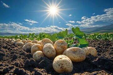 Freshly harvested potatoes lying on fertile soil with green leaves under a bright shining sun and clear blue sky