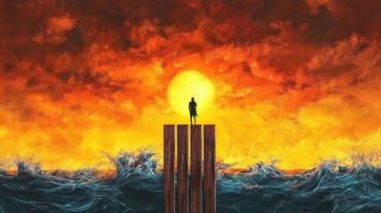 silhouette of a person standing on wooden pillars above turbulent ocean waves during a dramatic orange and yellow sunset
