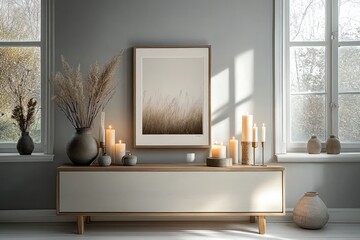 Minimalist interior scene with a wooden sideboard holding lit candles and vases filled with dried pampas grass, soft natural light coming through two windows casting shadows