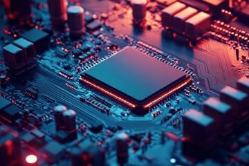 Obraz premium Advanced GPU RAM microchip highlights powerful computing technology in modern electronics, An advanced GPU ram microchip or CPU on a powerful computer board