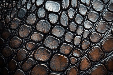 Close-up of dark brown textured leather with irregular oval and round scales creating a rugged, natural pattern with a glossy finish