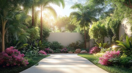 Obraz premium Sunlit garden pathway lined with lush green palm trees and vibrant pink flowering bushes creating a peaceful and inviting outdoor space