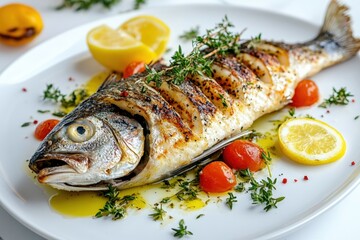 Grilled Mediterranean sea bass served with fresh lemon and herbs on a white plate, styled in natural coastal light to highlight clean flavors, healthy eating, and elegant presentation