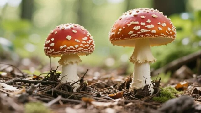 Amanita poisonous mushroom time lapse growth in nature, two toxic fungi emerging from forest ground, dangerous wild spore species background video  Download.
