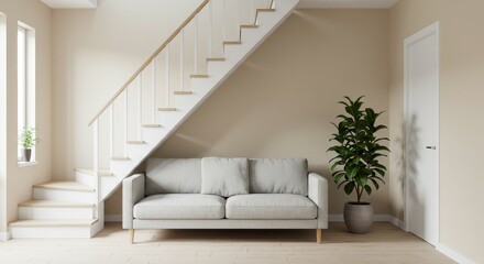 3D Realistic Home Interior Living Room with Sofa and Stairs