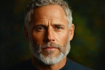 close-up portrait of mature man with grey hair and beard looking thoughtfully into camera against dark blurred background