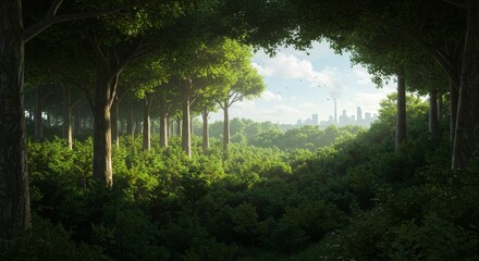 3D Lush Green Forest Opening to City Skyline Digital Art