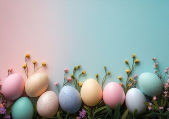 Colorful pastel Easter eggs arranged with small yellow and pink flowers against a gradient pink to blue background, evoking a festive and fresh spring atmosphere