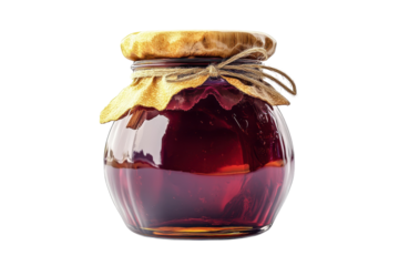 A nostalgic jar of homemade plum jam evoking memories of summer harvests and cozy kitchens on transparent background