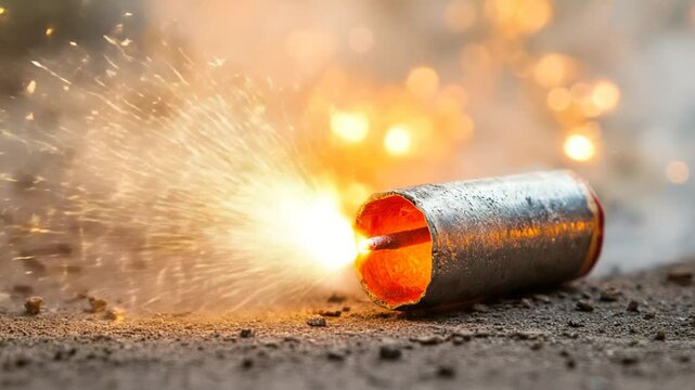 A close-up of a firecracker igniting on the ground, creating sparks and smoke in the background