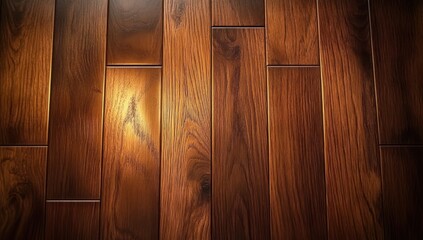 Close-up view of polished wooden floor with warm rich brown tones and visible natural grain patterns under soft lighting