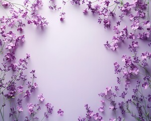 Fototapeta premium Delicate purple flowers arranged in a circular frame on a light purple background creating an elegant and serene floral border