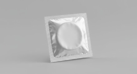 3D Rendering of a Silver Condom Wrapper on Gray Background