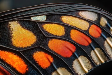 Close-up of an intricate butterfly wing showing vibrant orange, red, yellow, and white patterns with detailed textures and delicate black veining